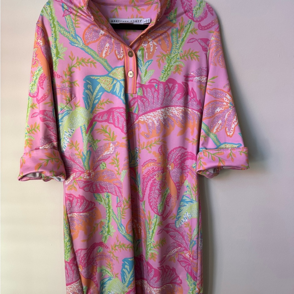 Gretchen Scott Pink Tropical Print Dress L – Resort Travel Chic